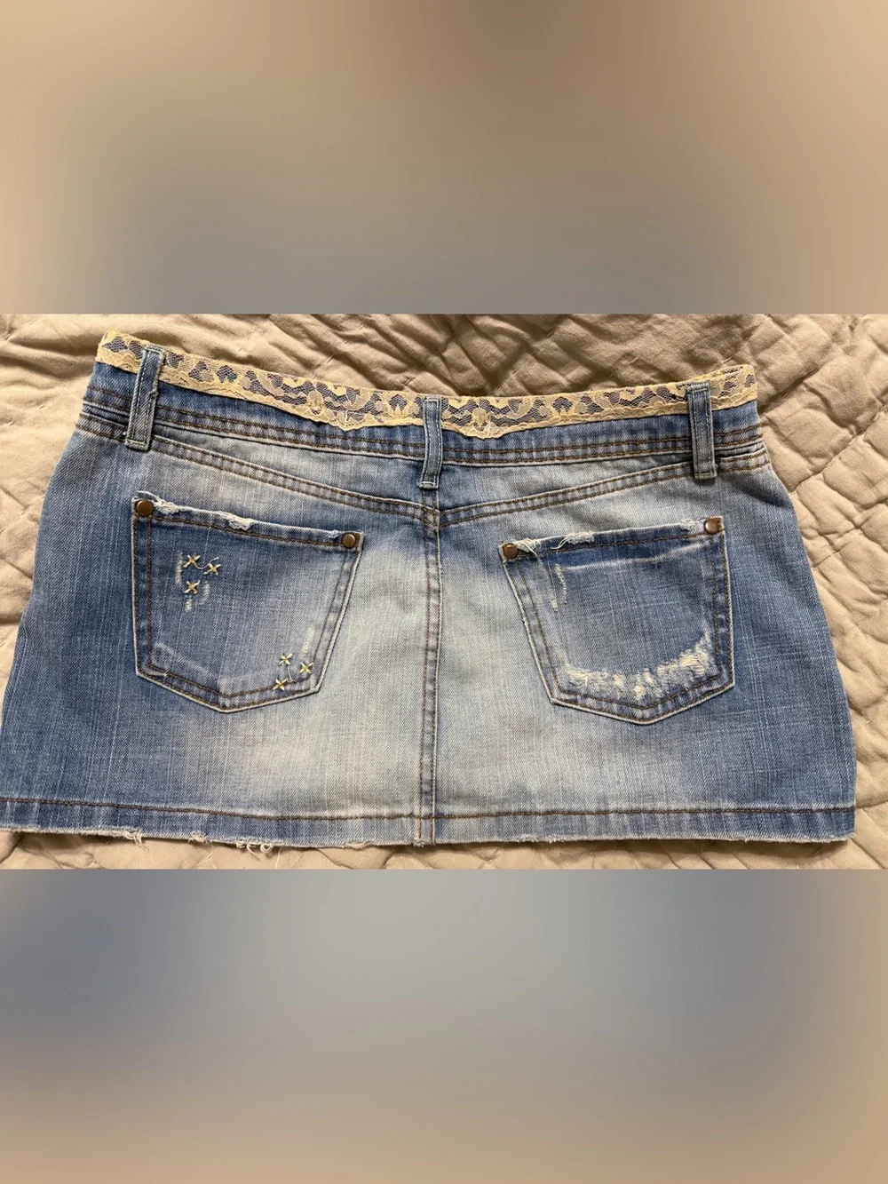 Light Blue Denim‎ Mini Skirt with Lace Waistband